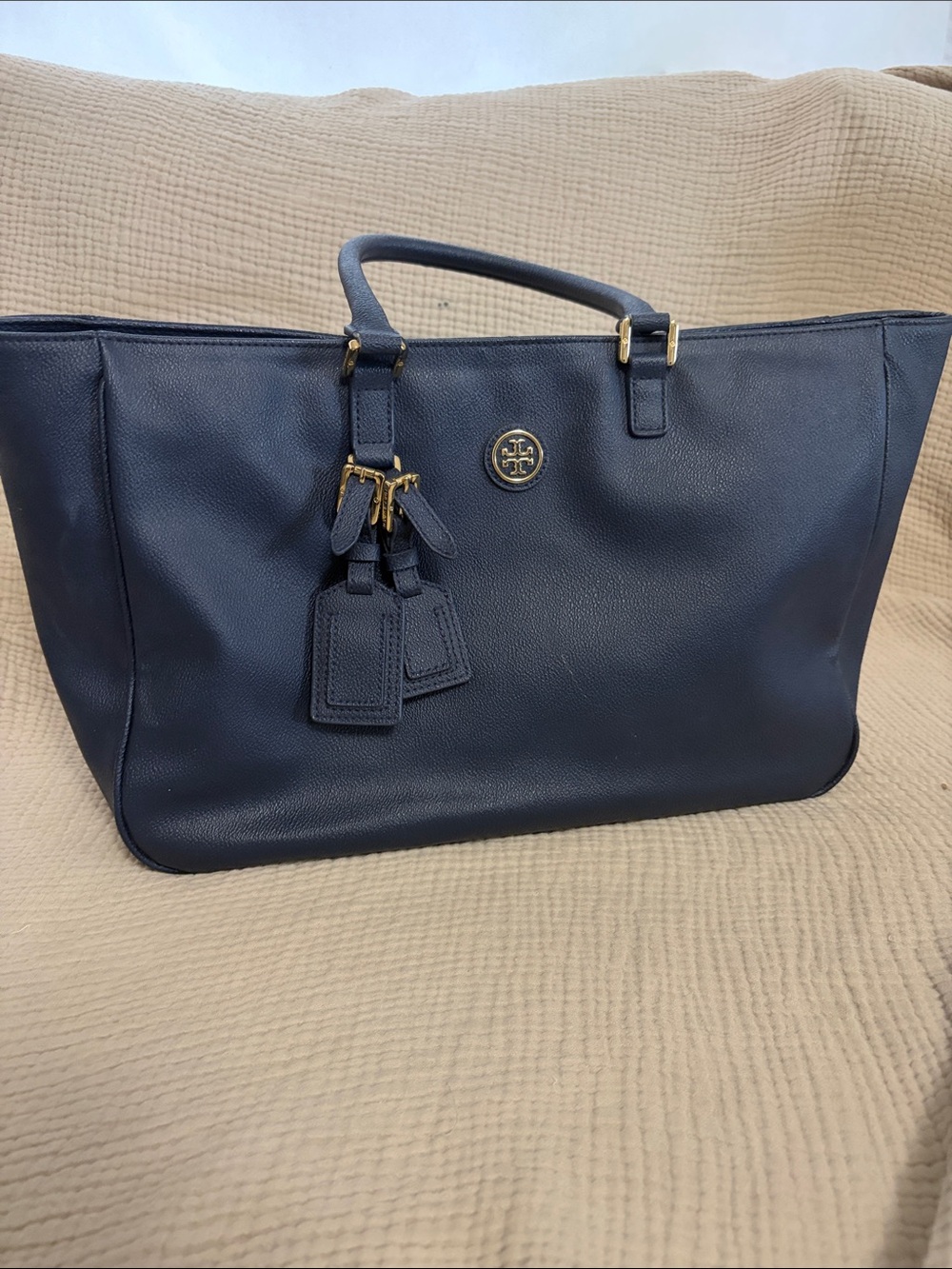 Tory Burch Navy Pebbled Leather Tote with Gold Accents IUC